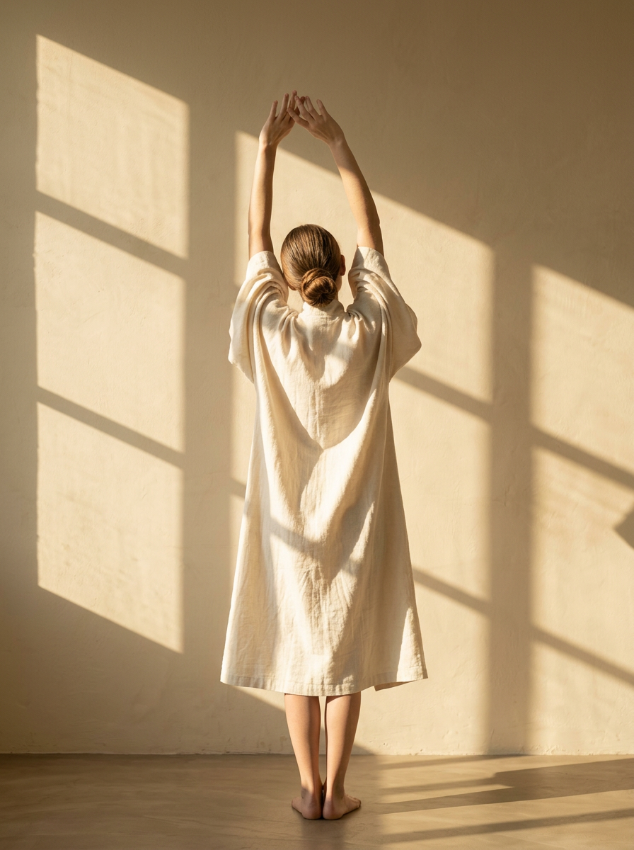 Woman seen from behind in a gentle morning stretch, warm sunlight on linen